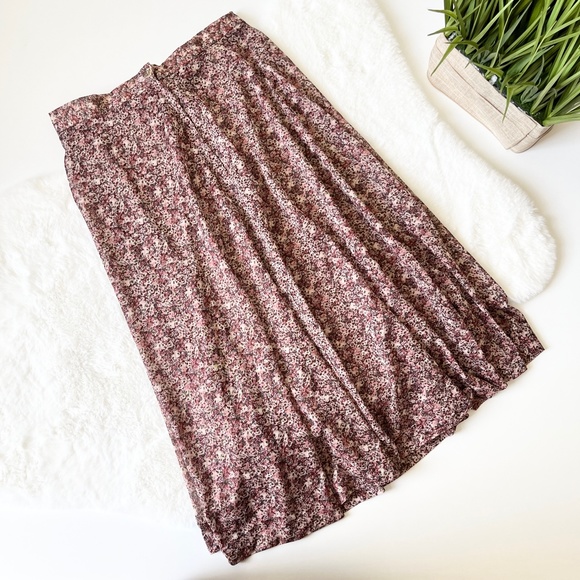Vintage Ditsy Floral Midi Skirt 90s Boho Skater Pink Burgundy Small - Picture 6 of 8